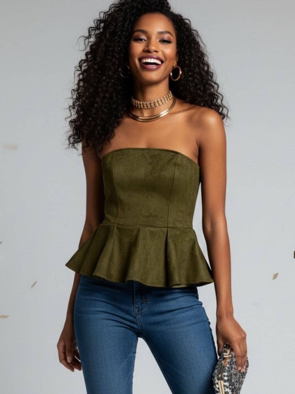 🟢3/$30 H&M Peplum Suede Strapless Top in Dark Green Small Like New